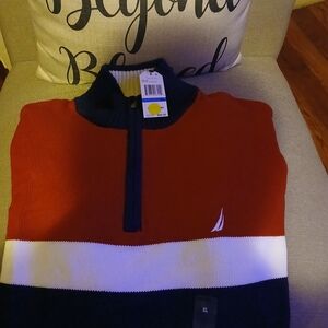 Nautica Men's Red and Navy Zip-Up Sweater